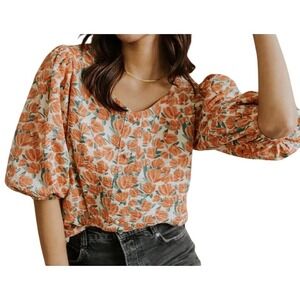 Salt Women's Top Cotton Peach Floral Smocked 3/4 Puff Sleeves Cottagecore Size M